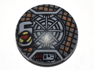 Dark Bluish Gray Plate, Round 2 x 2 with Rounded Bottom (Boat Stud) with Grid, Black and Orange Conc