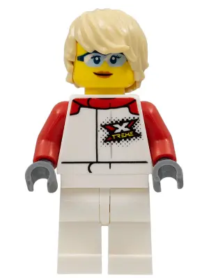 Race Boat Truck Driver - Female, White and Red Racing Suit with 'XTREME' Logo, White Legs, Tan Tousl