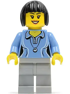 Medium Blue Female Shirt with Two Buttons and Shell Pendant, Light Bluish Gray Legs, Black Bob Cut H