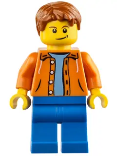 Orange Jacket with Hood over Light Blue Sweater, Blue Legs, Dark Orange Short Tousled Hair, Crooked 