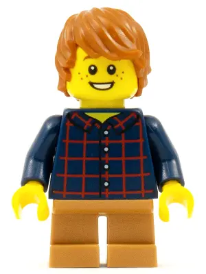 Child - Boy, Dark Blue Plaid Button Shirt, Medium Nougat Short Legs, Dark Orange Tousled Hair, Freck