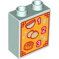 Light Aqua Duplo, Brick 1 x 2 x 2 with Menu with Bowl, Tan Onions, Moon Cake, and Bright Pink Number
