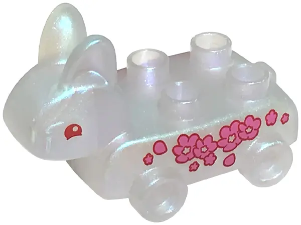 Satin Trans-Clear Duplo Pull Toy Bunny / Rabbit on Wheels with Red Eyes and Dark Pink Flowers Patter