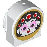White Duplo, Brick 1 x 2 x 2 Round Top, Cut Away Sides with Female Head with Black Hair, Bright Pink