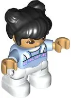 Duplo Figure Lego Ville, Child Girl, White Legs, Bright Light Blue Top with Bright Pink Flowers, Bla