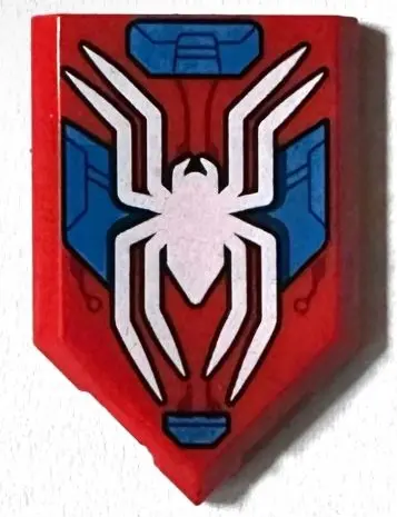 Red Tile, Modified 2 x 3 Pentagonal with White Spider, Blue Armor Plates, Dark Red Circuitry Pattern