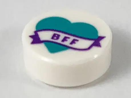 White Tile, Round 1 x 1 with Dark Turquoise Heart and Banner with Dark Purple 'BFF' Pattern