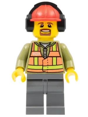 Light Orange Safety Vest, Dark Bluish Gray Legs, Red Construction Helmet with Black Ear Protectors /