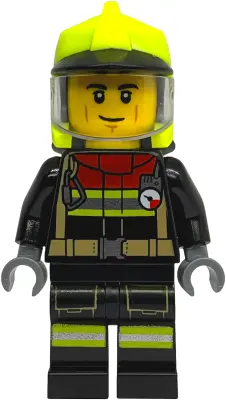 - Male, Black Jacket and Legs with Reflective Stripes and Red Collar, Neon Yellow Fire Helmet, Trans