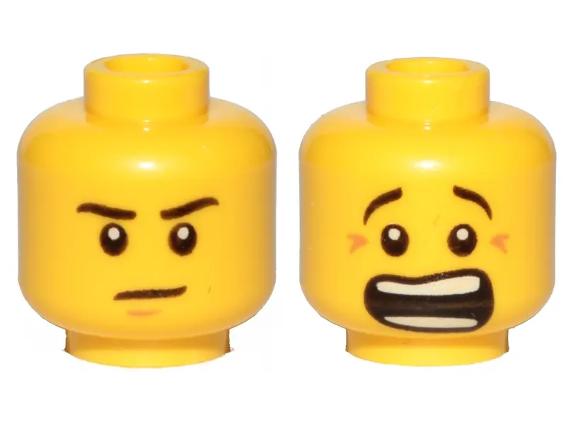 Yellow Minifigure, Head Dual Sided Black Eyebrows, Stern with Nougat Chin Dimple / Scared Open Mouth