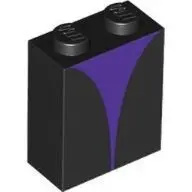 Black Brick 1 x 2 x 2 with Inside Stud Holder with Dark Purple Curved Shape Pattern (BrickHeadz Male