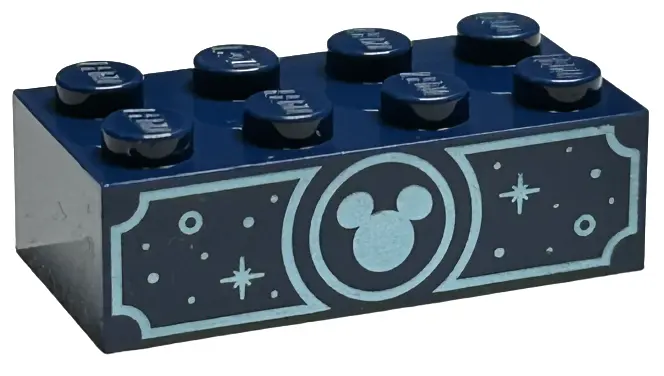 Dark Blue Brick 2 x 4 with Metallic Light Blue Mickey Mouse Head, Circles and Sparkles Pattern on Bo