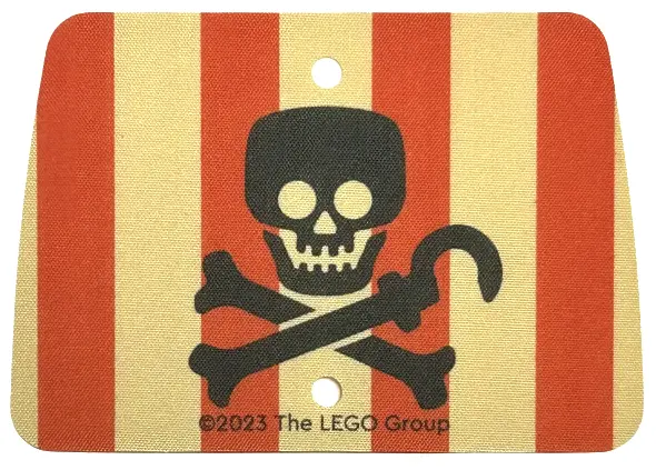 Tan Cloth Sail Rectangle with 2 Holes with Red Vertical Stripes, Black Skull and Crossbones with Hoo