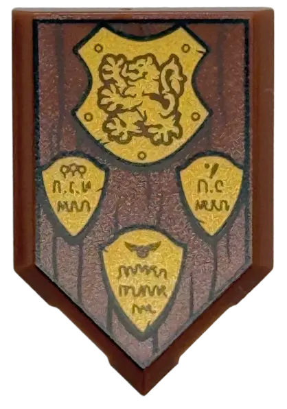 Reddish Brown Tile, Modified 2 x 3 Pentagonal with Gold Quidditch Shields and Gryffindor Crest with 