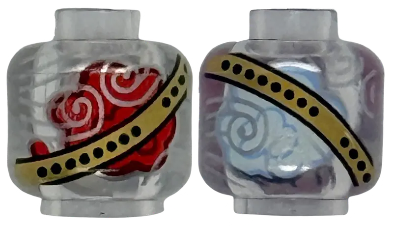 Trans-Clear Minifigure, Head without Face with Gold Bands with Solid Black Dots, Silver Swirls, Red 