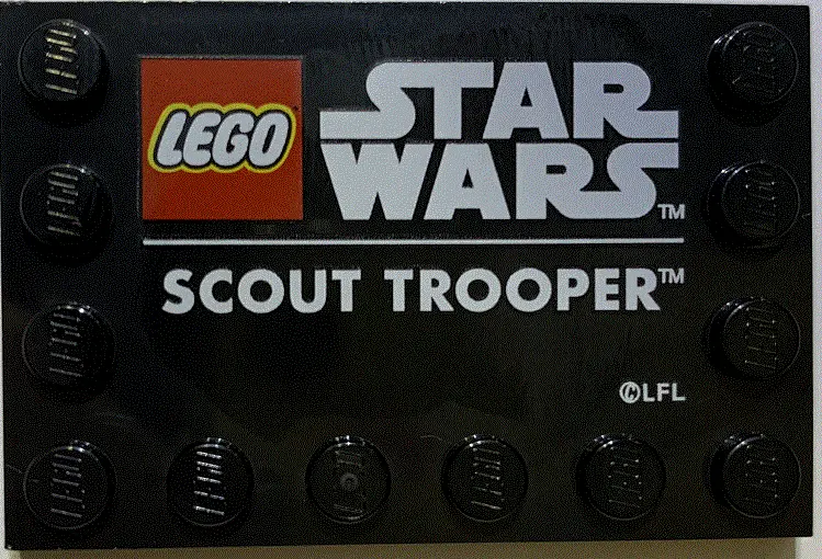 Black Tile, Modified 4 x 6 with Studs on Edges with Star Wars Logo and 'SCOUT TROOPER' Pattern