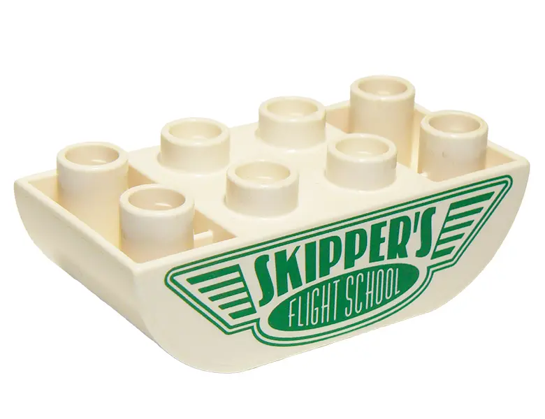 White Duplo, Brick 2 x 4 Slope Curved Inverted Double with 'SKIPPER'S FLIGHT SCHOOL' Pattern