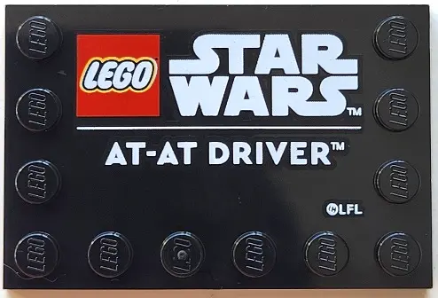 Black Tile, Modified 4 x 6 with Studs on Edges with LEGO Star Wars Logo and White 'AT-AT DRIVER' Pat