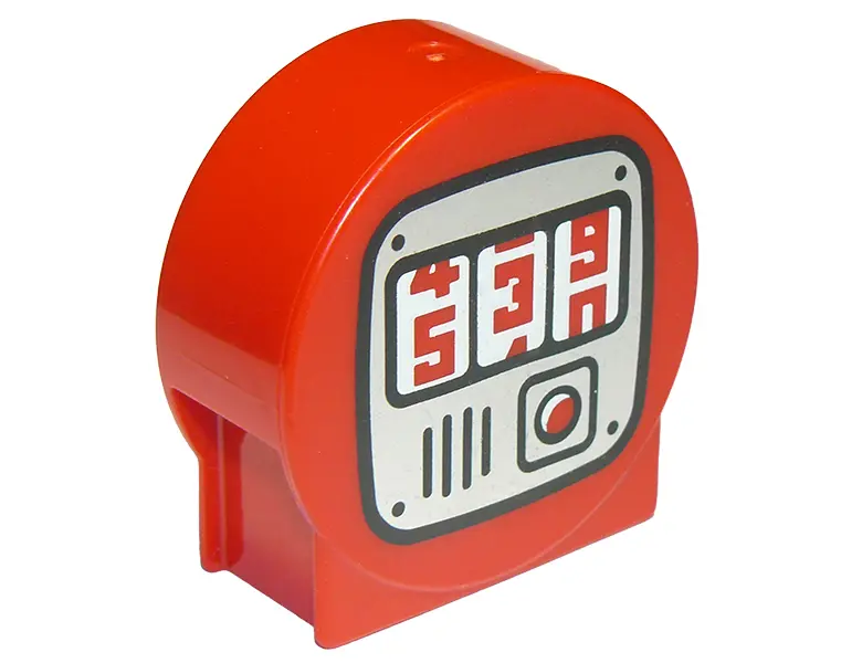 Red Duplo, Brick 1 x 2 x 2 Round Top, Cut Away Sides with Meter with '539' Pattern