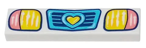 White Tile 1 x 4 with Medium Azure Vehicle Grille with Heart, Coral and Yellow Headlights Pattern