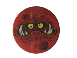 Red Tile, Round 2 x 2 with Bottom Stud Holder with Globlin Face with Large Teeth Pattern