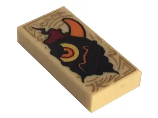 Tan Tile 1 x 2 with Dark Tan Markings and Black Monster Head with Yellow Eye and Orange Horn Pattern