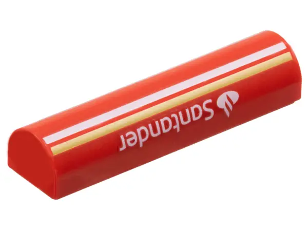 Red Slope, Curved 1 x 4 x 2/3 Double with White and Yellow Stripes and Santander Logo Pattern