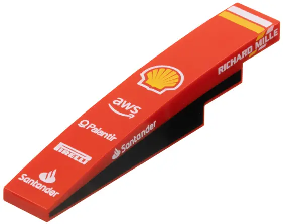 Red Slope, Curved 6 x 1 with White and Yellow Stripes, Shell Logo, 'aws', 'Palantir', 'PIRELLI', 'Sa