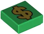 Green Tile 1 x 1 with Gold Dollar Sign '$' Pattern