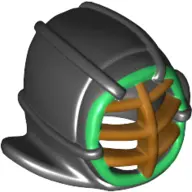 Black Minifigure, Headgear Helmet Ninjago Kendo with Gold Grille Mask and Green Trim Pattern