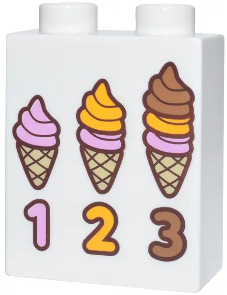 Duplo, Brick 1 x 2 x 2 with Numbers 1, 2, 3, Tan Ice Cream Cones, Bright Pink, Bright Light Orange a