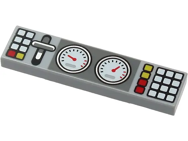 Light Bluish Gray Tile 1 x 4 with 2 Gauges, Lever and White, Red and Yellow Buttons Pattern