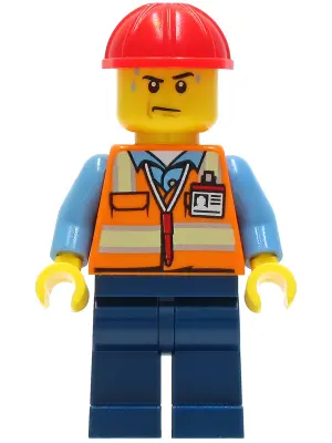 Construction Worker - Male, Orange Safety Vest with Reflective Stripes, Dark Blue Legs, Red Construc
