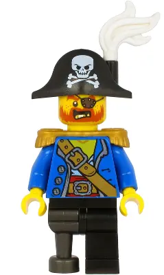 Pirate Captain - Bicorne Hat with Skull and White Plume, Pearl Gold Epaulettes, Blue Open Coat, Blac