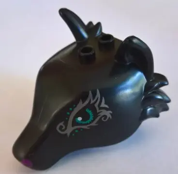 Black Fox Head with Dark Turquoise Eyes, Silver Swirls and Purple Nose Pattern