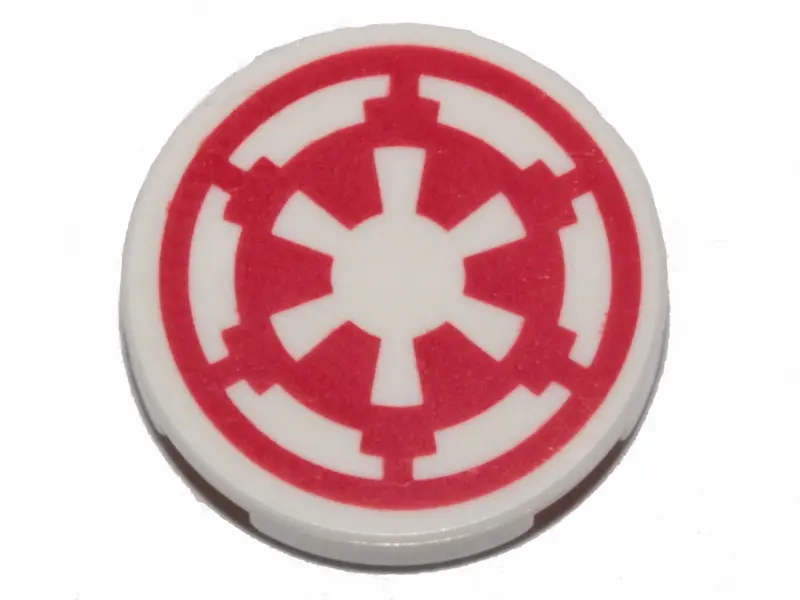 White Tile, Round 2 x 2 with Bottom Stud Holder with Red SW Imperial Logo Pattern