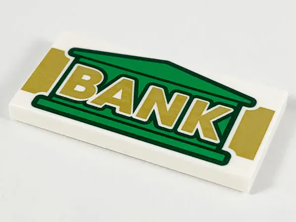 White Tile 2 x 4 with Green Bank Building and Gold 'BANK' Pattern
