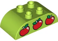 Lime Duplo, Brick 2 x 4 Slope Curved Double with 3 Red Apples Pattern