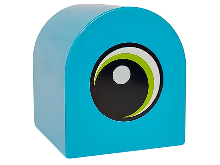 Dark Azure Duplo, Brick 2 x 2 x 2 Slope Curved Double with White Spot and Lime Circled Eye Looking L