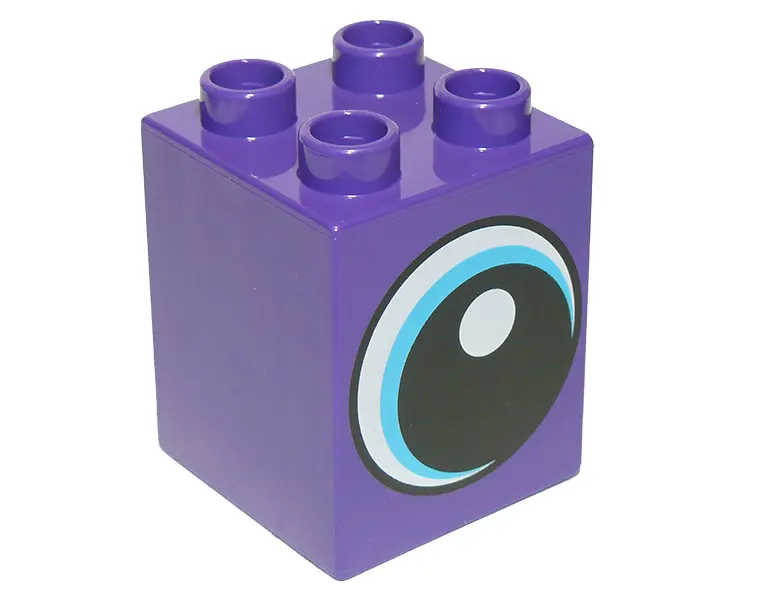 Dark Purple Duplo, Brick 2 x 2 x 2 with White Spot and Medium Azure Circled Eye Looking Right Patter