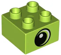 Lime Duplo, Brick 2 x 2 with Circled Black Eye Large Looking Left with Crescent and White Pupil Patt
