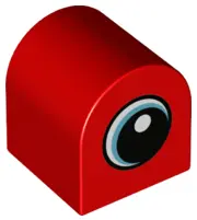 Red Duplo, Brick 2 x 2 x 2 Slope Curved Double with White Spot and Medium Azure Circled Eye Looking 