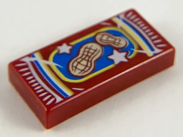 Dark Red Tile 1 x 2 with Peanuts Bag Package and Tan Peanuts on Blue Background Pattern