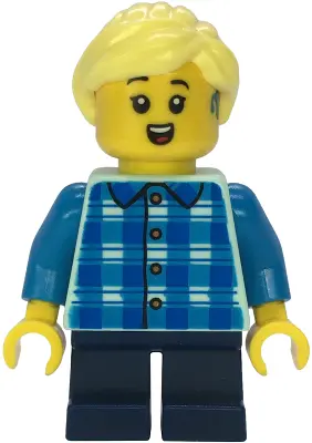 Child - Girl, Blue and Dark Azure Plaid Shirt, Dark Blue Short Legs, Bright Light Yellow Ponytail, H