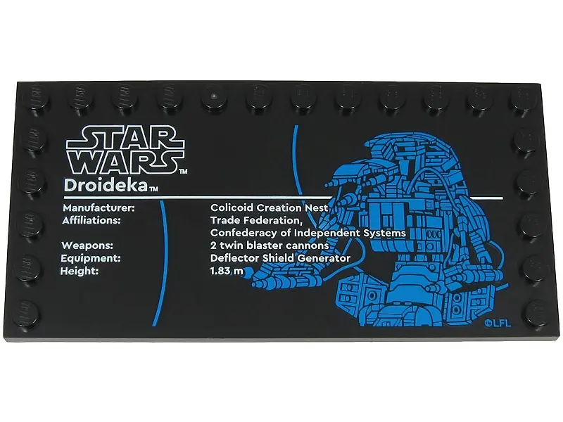 Black Tile, Modified 6 x 12 with Studs on Edges with Star Wars Logo and 'Droideka' Pattern