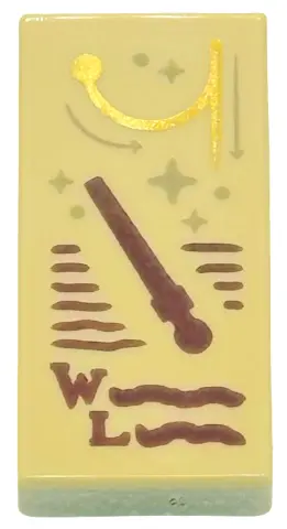 Tan Tile 1 x 2 with Reddish Brown Wand, Capital Letter W, L, and Wingardium Leviosa Spell Scribbles,