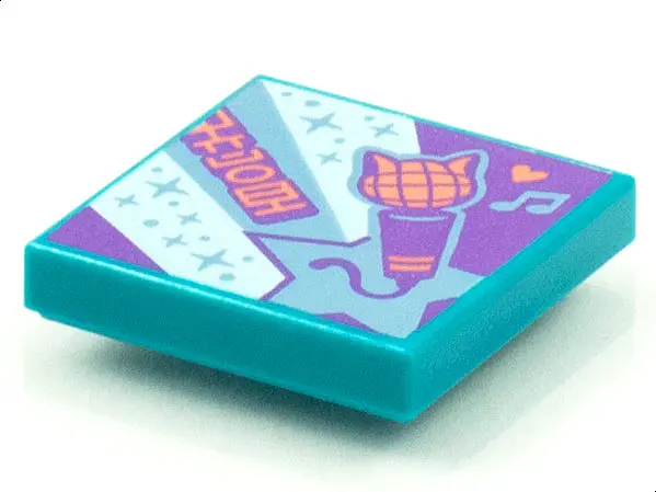 Dark Turquoise Tile 2 x 2 with BeatBit Album Cover - Metallic Light Blue Stars and Cat Head Micropho