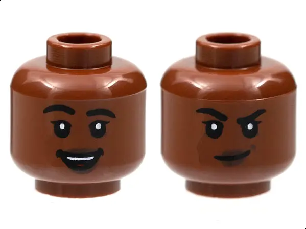 Reddish Brown Minifigure, Head Dual Sided Female Black Eyebrows Thick, Single Eyelashes, Dark Brown 