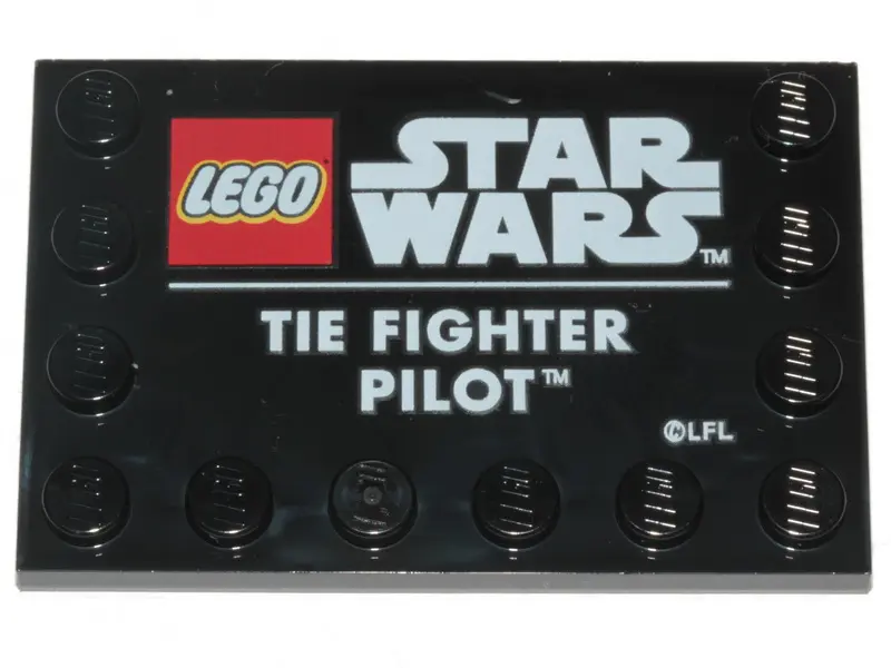 Black Tile, Modified 4 x 6 with Studs on Edges with Star Wars Logo and 'TIE FIGHTER PILOT' Pattern
