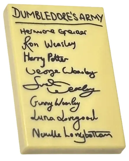Tan Tile 2 x 3 with Black 'DUMBLEDORE'S ARMY' and List of Harry Potter Characters Pattern